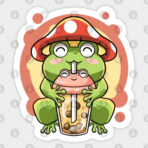 Kawaii Boba Tea Bubbles Frog Mushroom Hat Cute Cottagecore Sticker by MerchBeastStudio